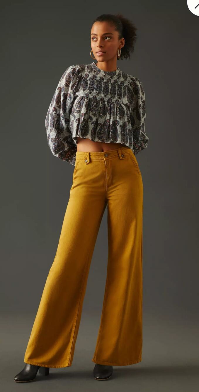 Pilcro Low-Rise Wide Leg Column Pants 27 mustard yellow Boho chic 70's Preppy
